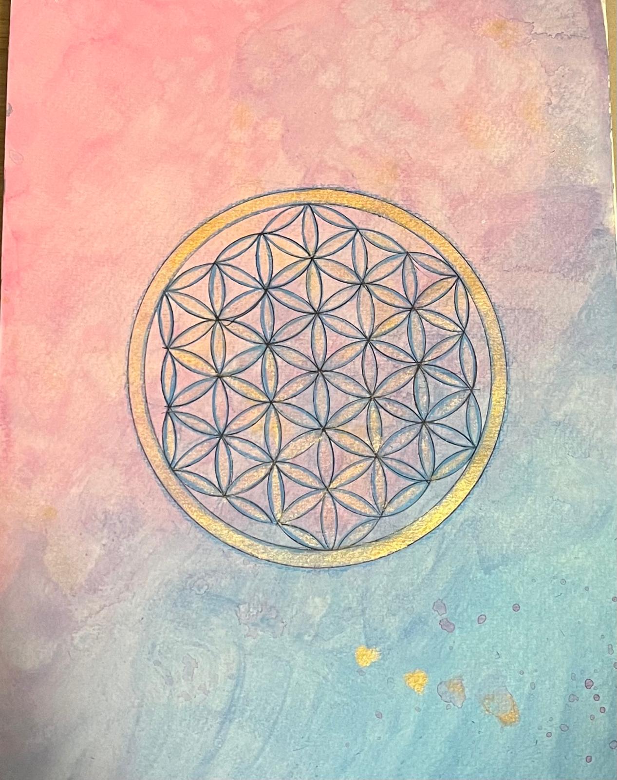 Goldene Blume des Lebens auf pastellfarbenem Aquarellgrund