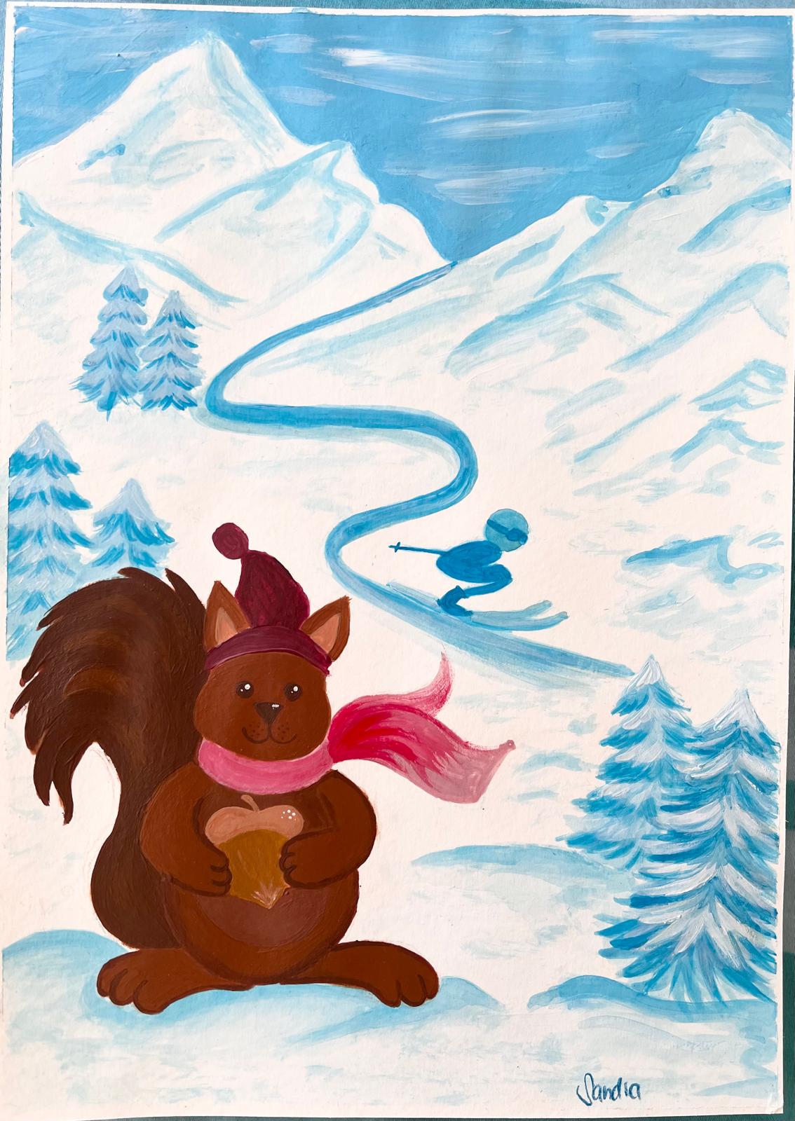 Eichhörnchen mit Mütze und Schal im Schnee, dahinter ein Skifahrer