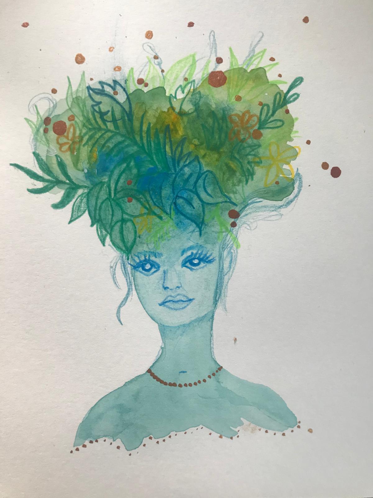 Türkisfarbenes Frauenporträt mit Haaren aus Blättern und Blüten, Aquarell