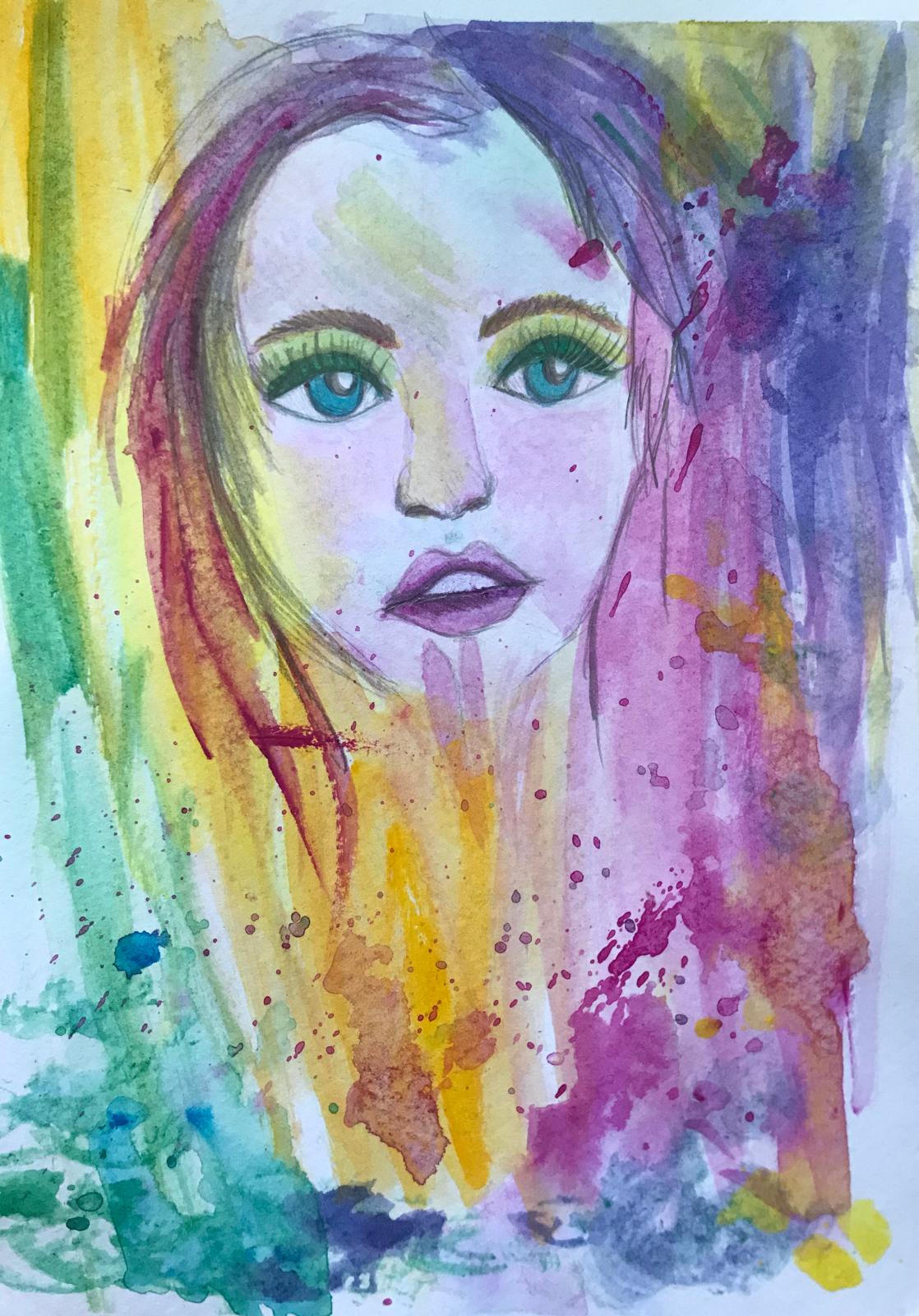 Farbenfrohes Frauenporträt in Aquarell mit lebendigen Farbspritzern