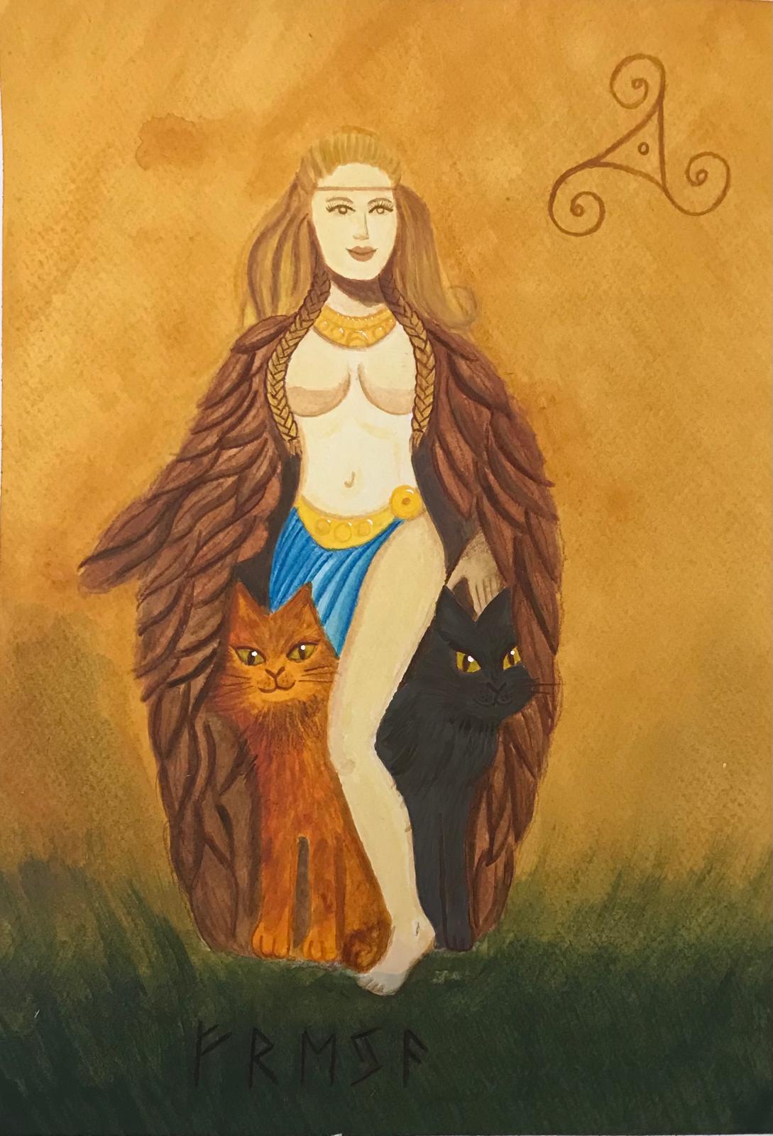 Göttin Freya im grünen Tuch mit einer orangen und einer schwarzen Katze