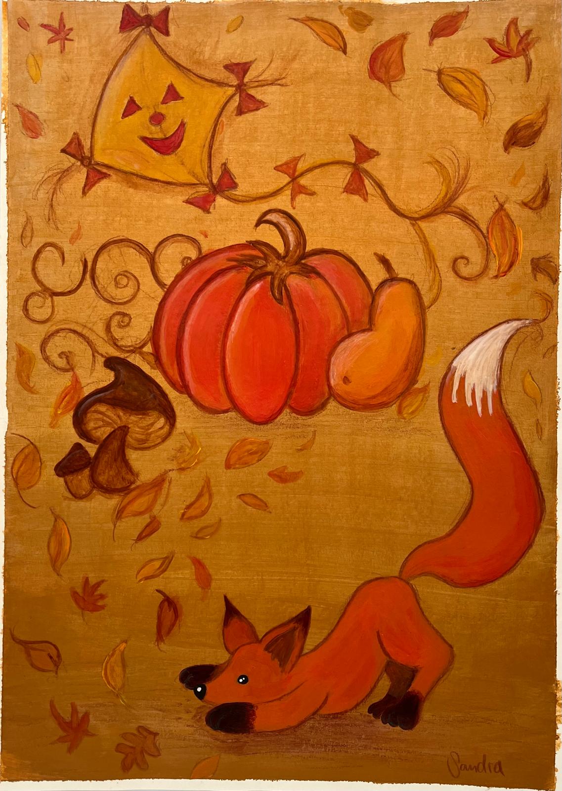 Fuchs im Herbst mit Kürbis, Pilzen und Drachen zwischen fallenden Blättern