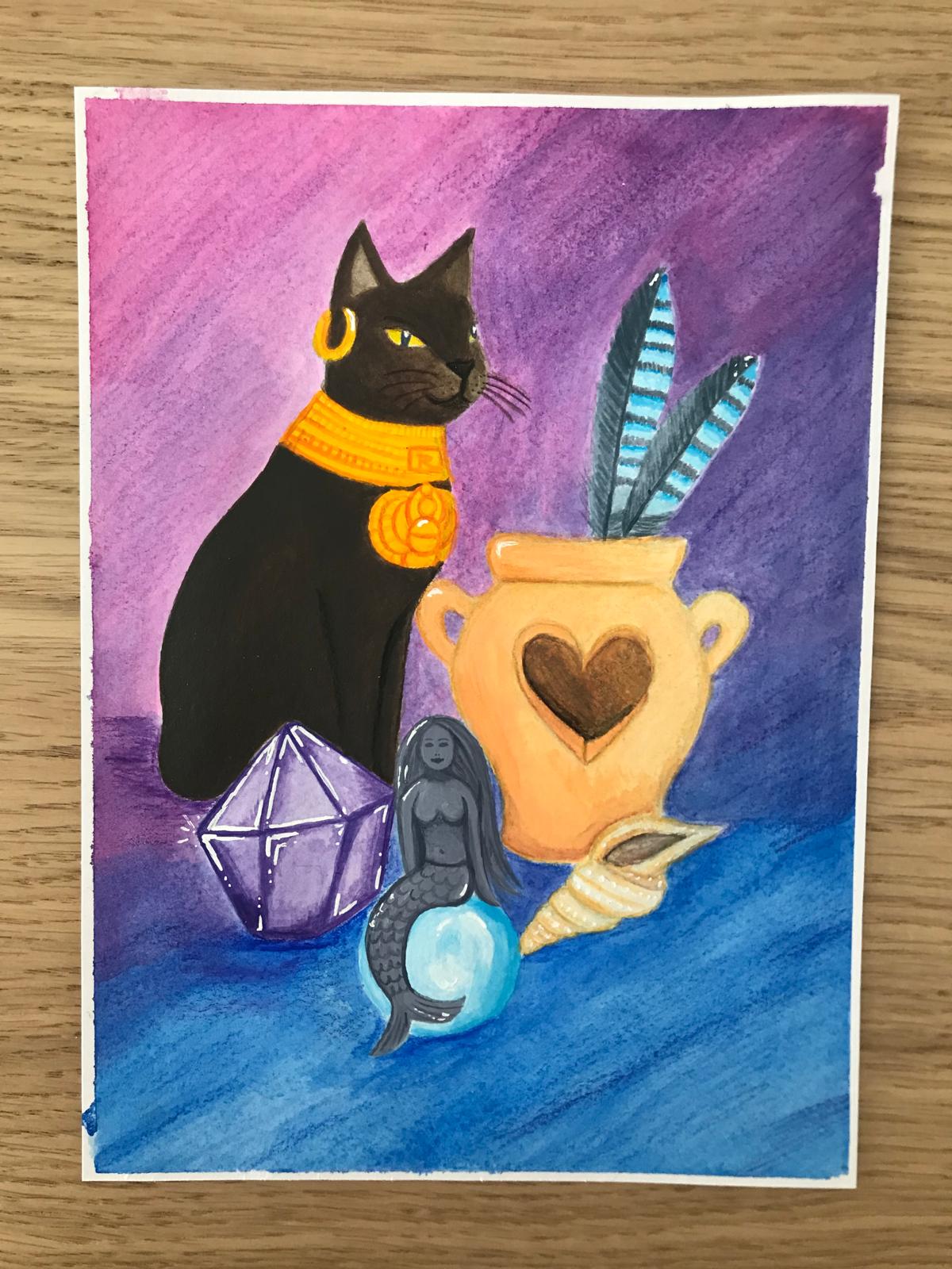 Ägyptische Katze mit mystischem Stillleben