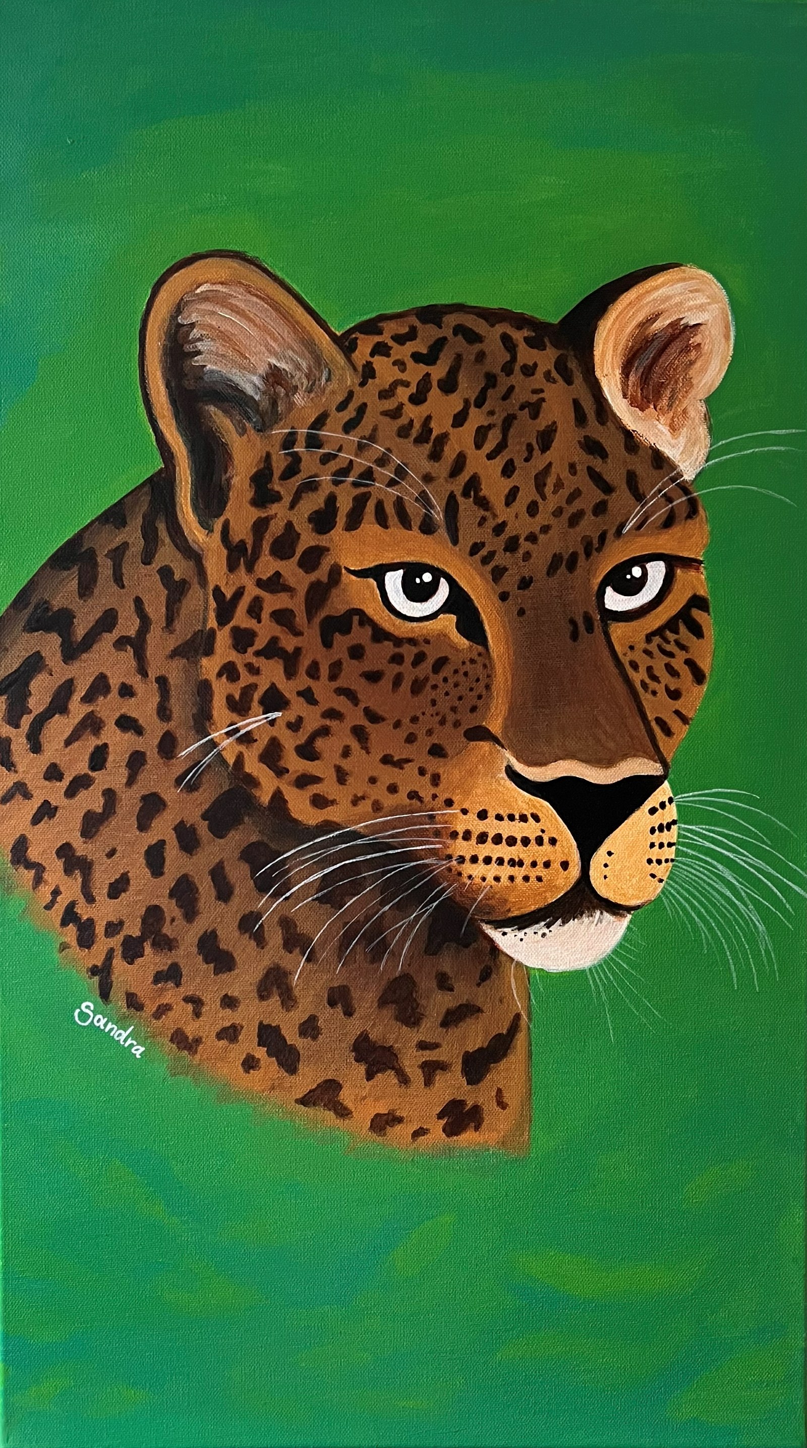 Leopardenporträt mit geflecktem Fell vor grünem Hintergrund, Acryl auf Leinwand