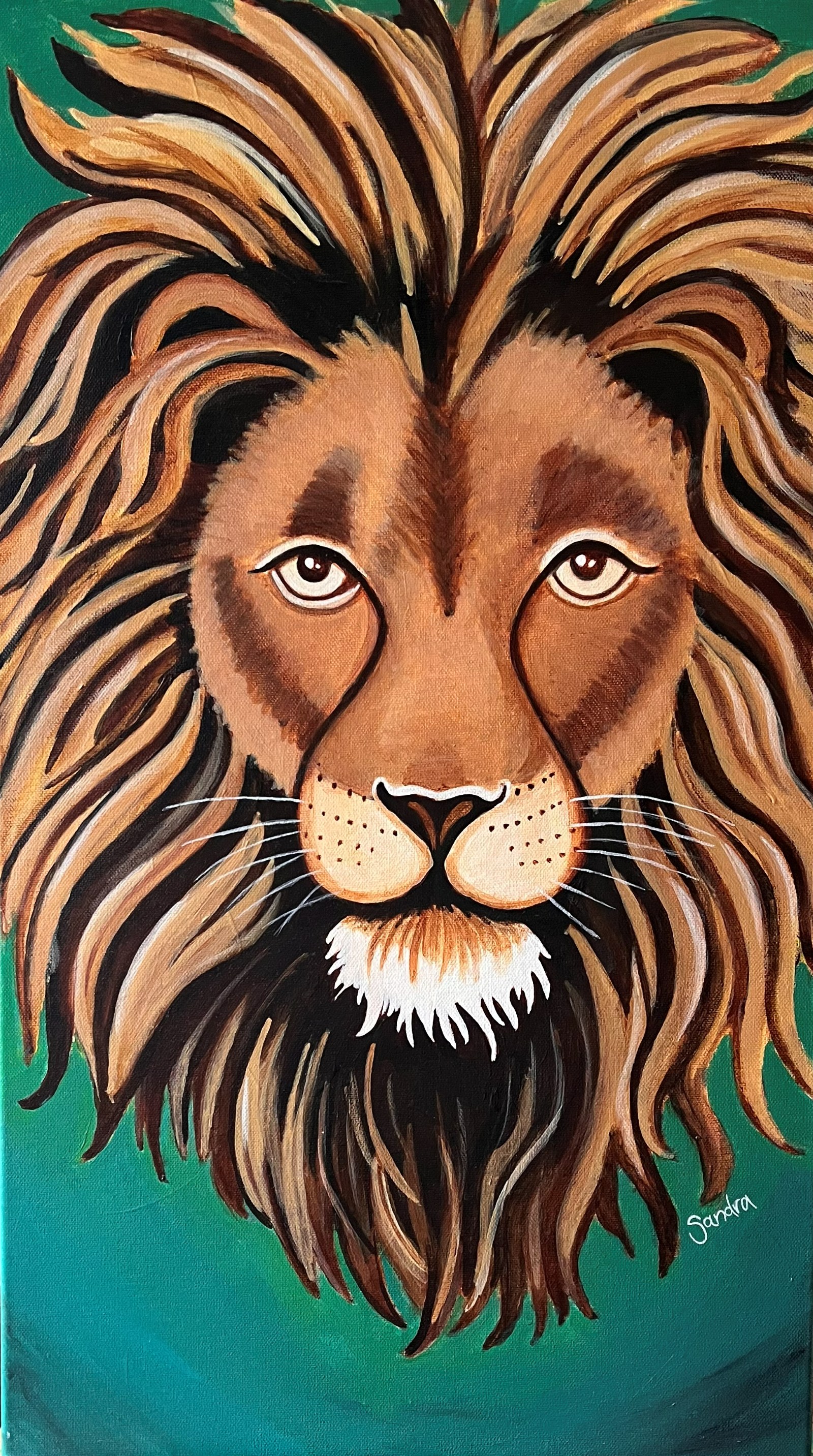 Löwenkopf mit voller Mähne vor türkisgrünem Hintergrund, Acryl auf Leinwand