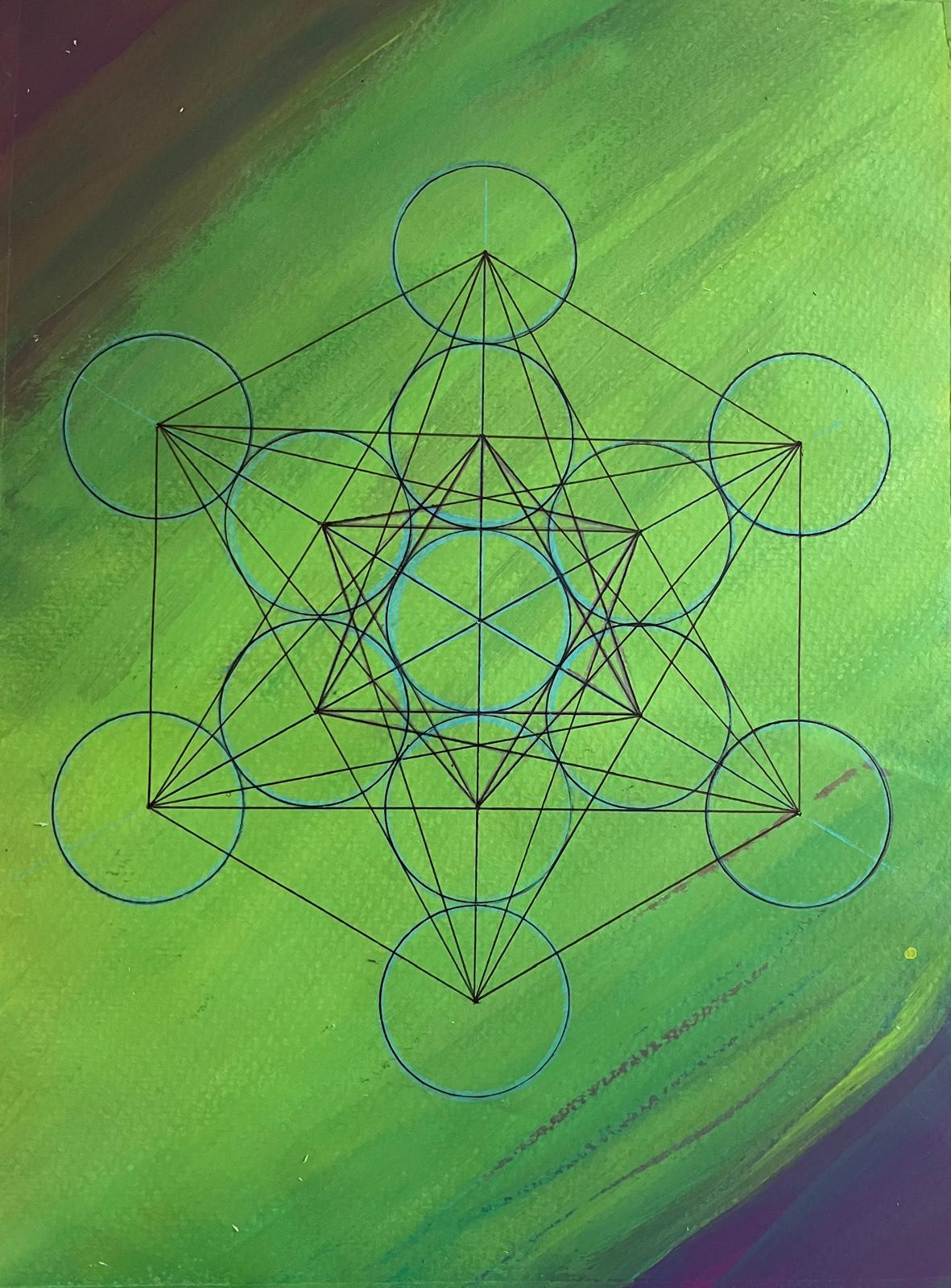 Metatrons Würfel – heilige Geometrie auf grünem Grund
