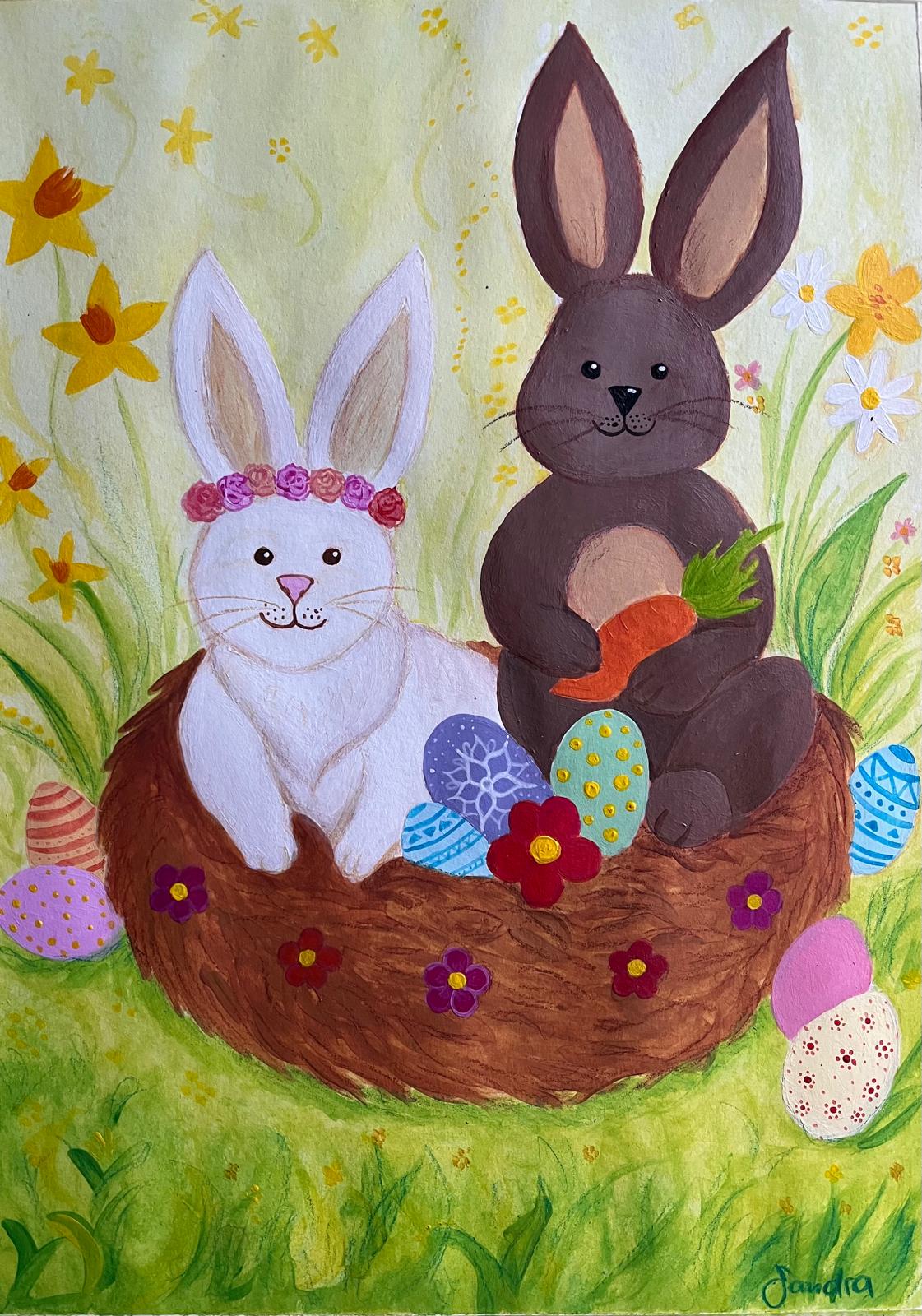 Zwei Osterhasen in einem Nest mit bunten Eiern und Frühlingsblumen