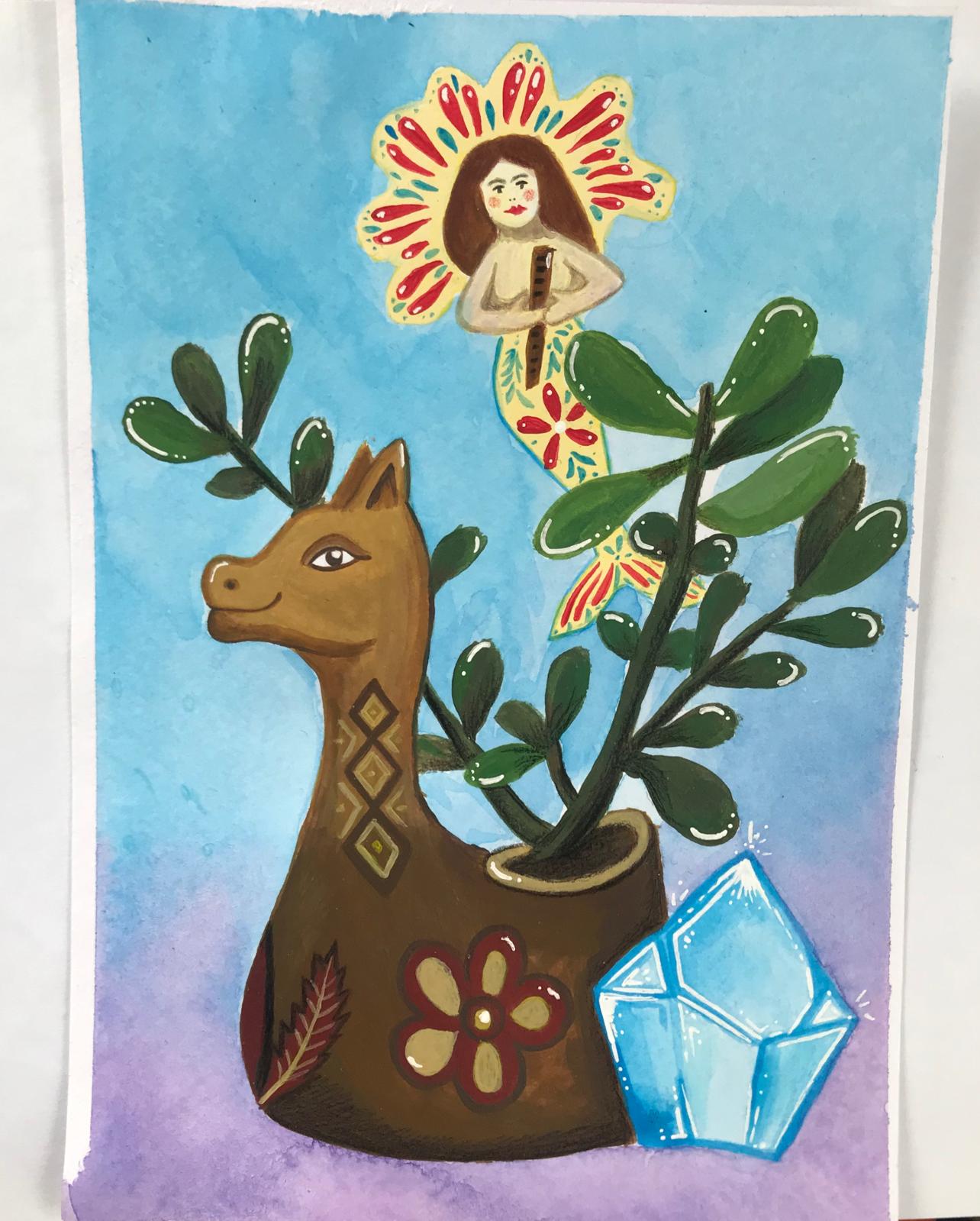 Vase mit Kristall und mystischer Figur