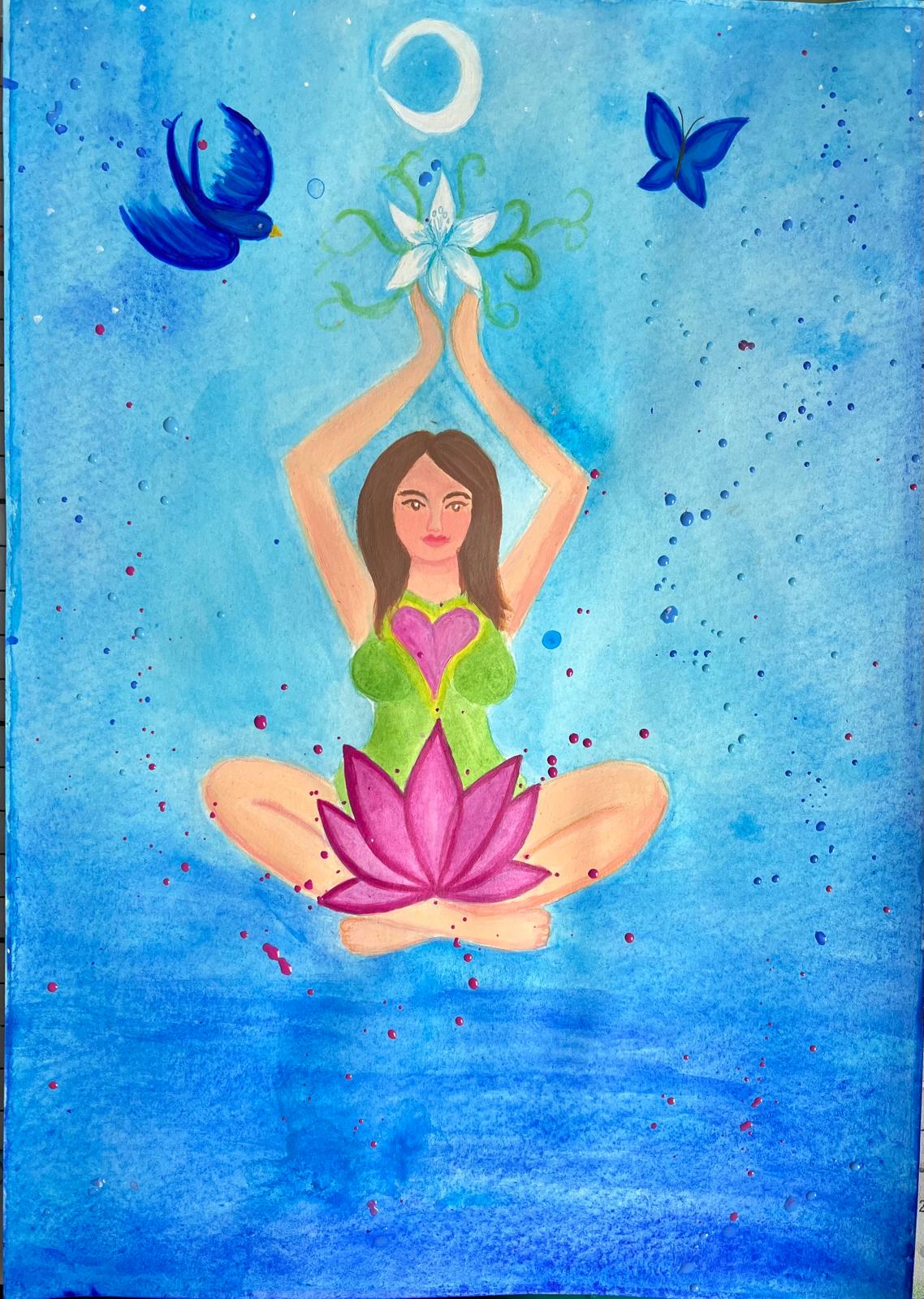 Frau im Lotussitz mit Lotusblüte, Mond, Schmetterling und Vogel, Aquarell