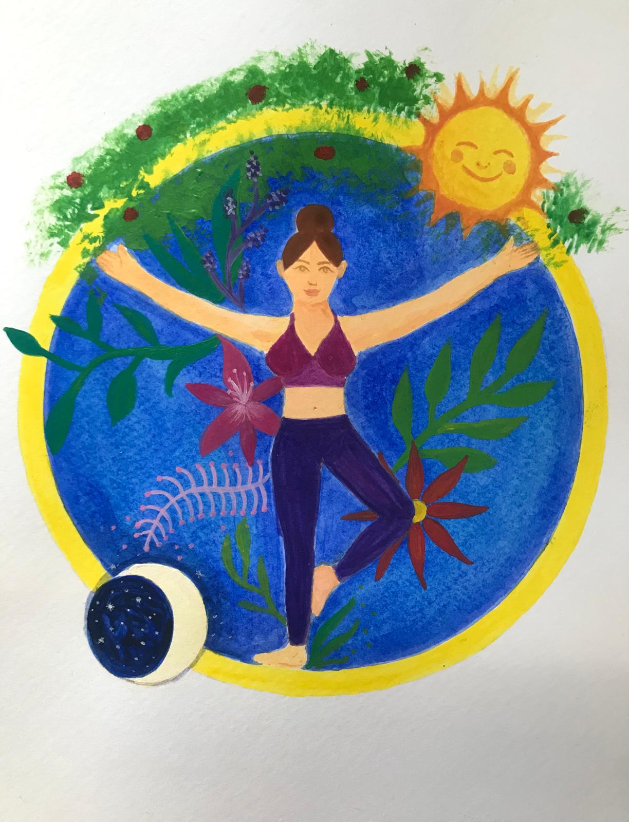 Yoga-Frau mit Sonne, Mond und Pflanzen