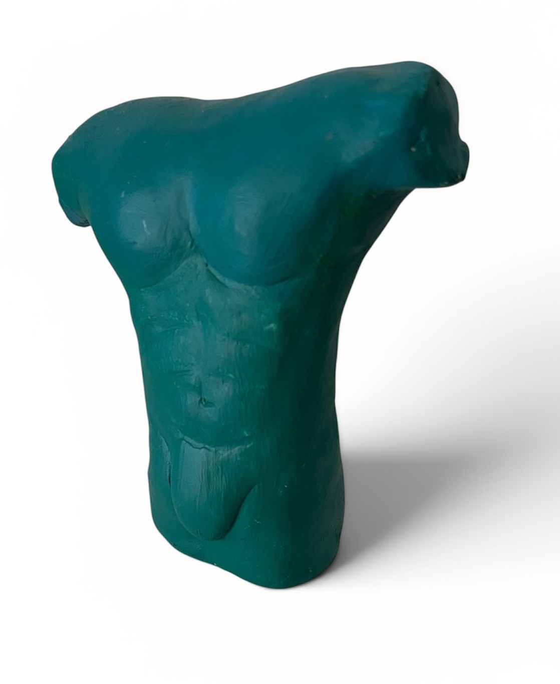 Männlicher Torso als Skulptur aus Ton, türkisgrün bemalt