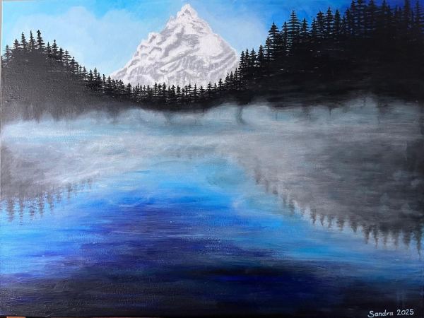 Winterlandschaft mit verschneitem Berg und Nebel auf dem Arnisee, Acryl auf Leinwand
