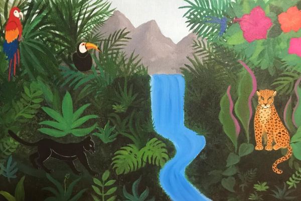 Dschungelbild mit Wasserfall, schwarzem Panther, Leopard, Papagei und Tukan