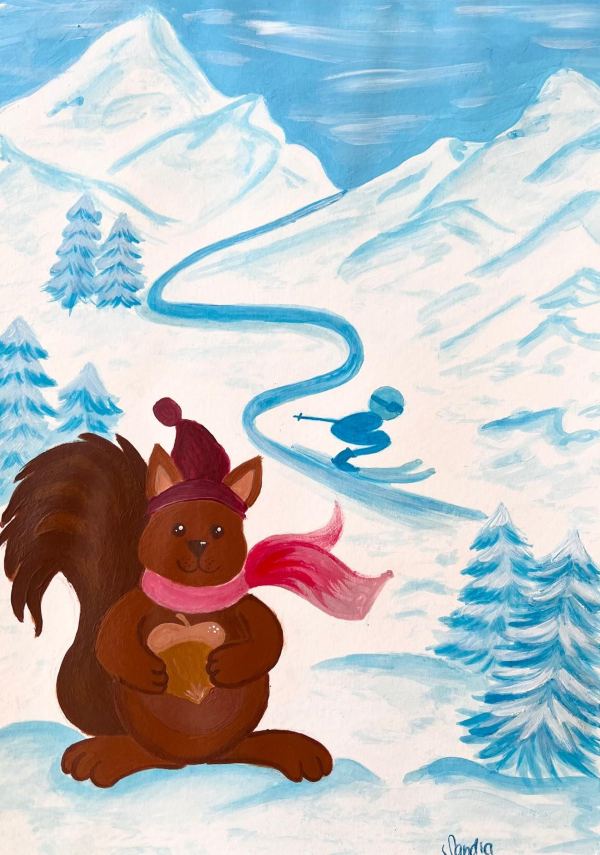 Winterbild: Eichhörnchen mit Mütze und Schal im Schnee, dahinter ein Skifahrer, Acryl auf Papier
