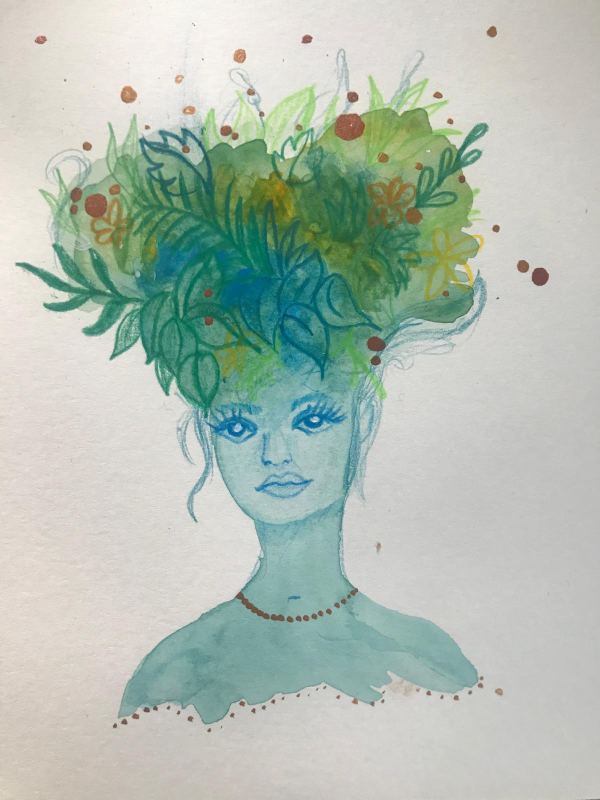Türkisfarbenes Frauenporträt mit Haaren aus Blättern und Blüten, Aquarell