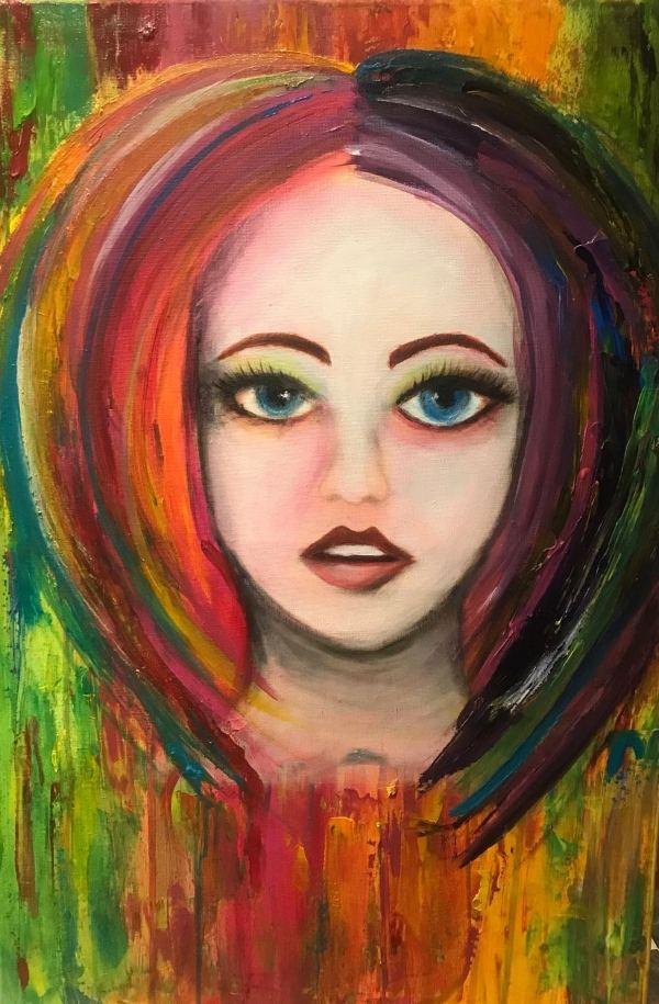 Frauenportrait mit bunten Haaren und abstraktem Farbauftrag