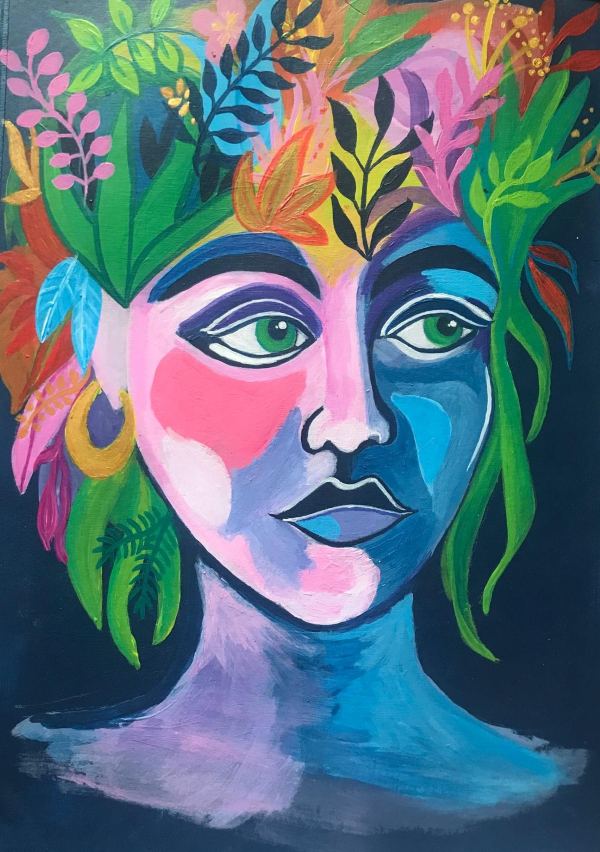 Frauenportrait in kräftigen Farben und Blättern im Haar, Acryl auf Papier
