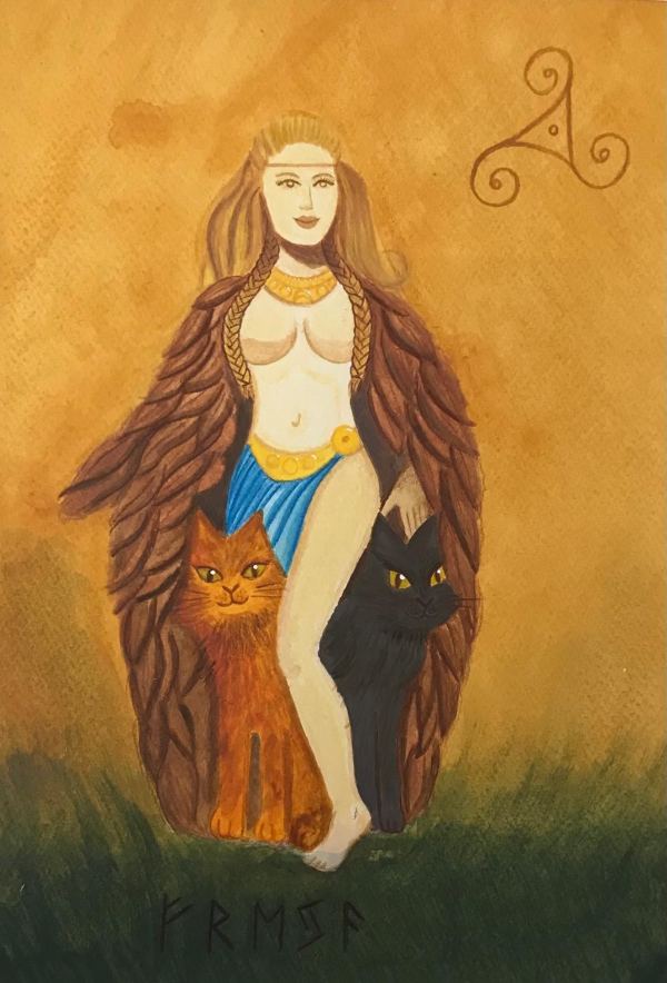 Göttin Freya mit Falkenfeder-Mantel und ihren beiden Katern Bygul (Honig) und Trjegul (Bernstein)