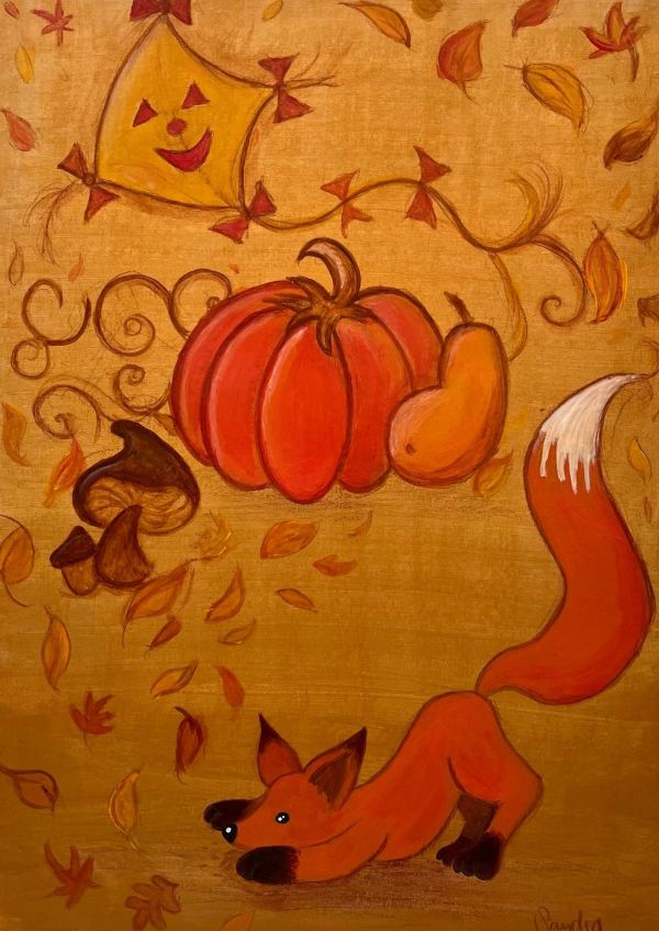 Herbstbild: Fuchs mit Kürbis, Pilzen, fliegendem Drachen und fallenden Blättern, Acryl auf Papier