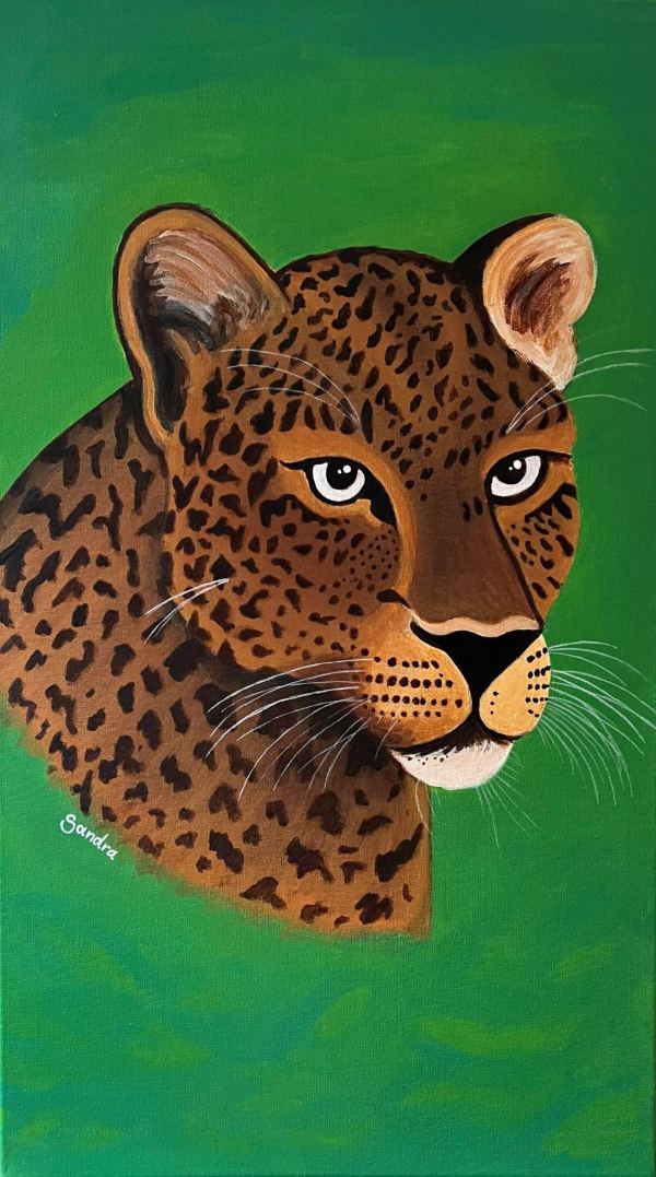 Leopardenportrait vor hellgrünem Hintergrund, Acryl auf Leinwand