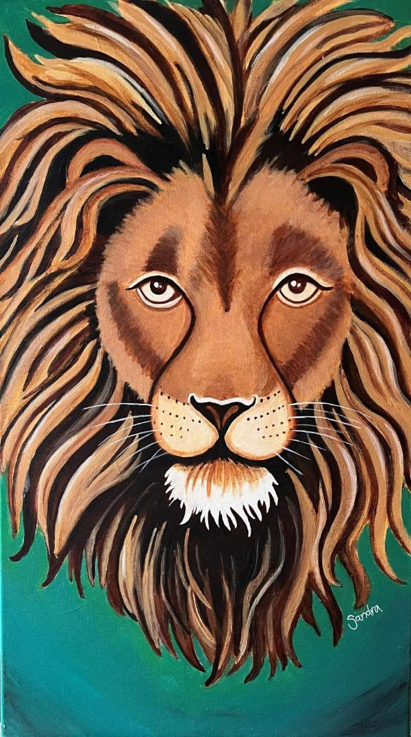 Löwenportrait vor türkis grünem Hintergrund, Acryl auf Leinwand