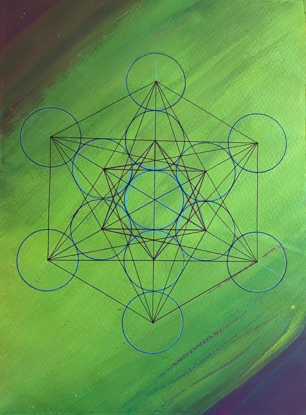 Metatrons Würfel, heilige Geometrie auf grünem Hintergrund, Acryl und Buntstift