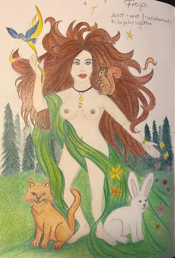 Freya, Frühlings- und Fruchtbarkeitsgöttin, mit Katze, Hase und Eichhörnchen, Buntstift