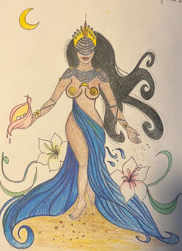 Meeresgöttin Yemanja mit blauem Kleid, Perlen, Lilien und Muscheln, Buntstift