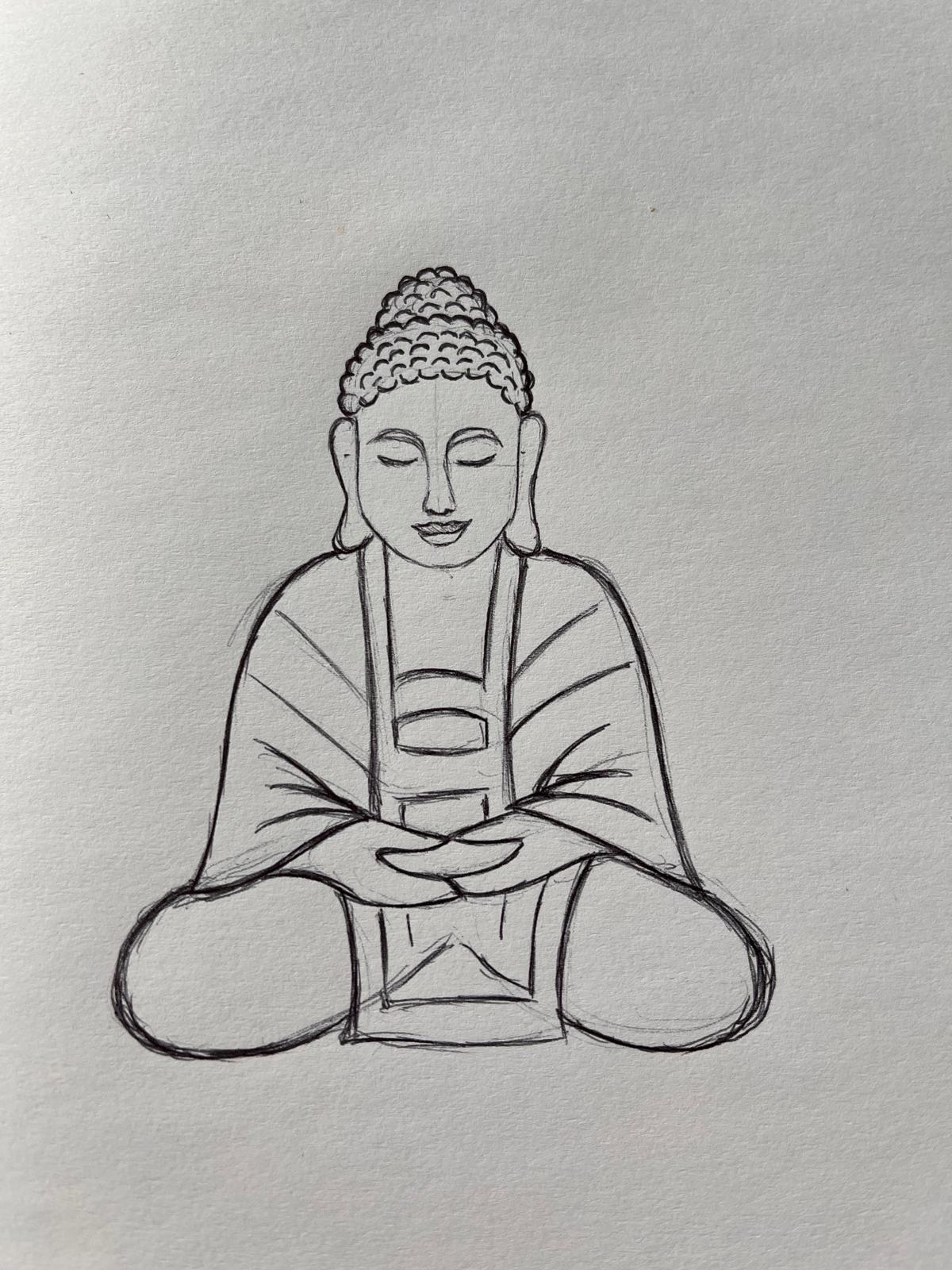 Meditierender Buddha im Lotussitz, Umrisszeichnung