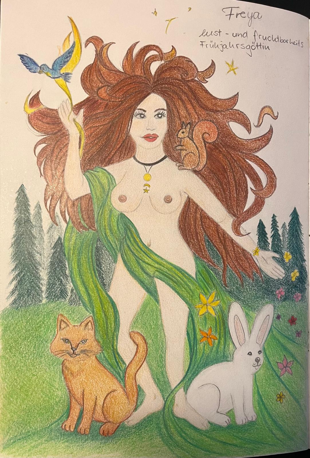 Freya, Frühlings- und Fruchtbarkeitsgöttin, mit Katze, Hase und Eichhörnchen, Buntstift