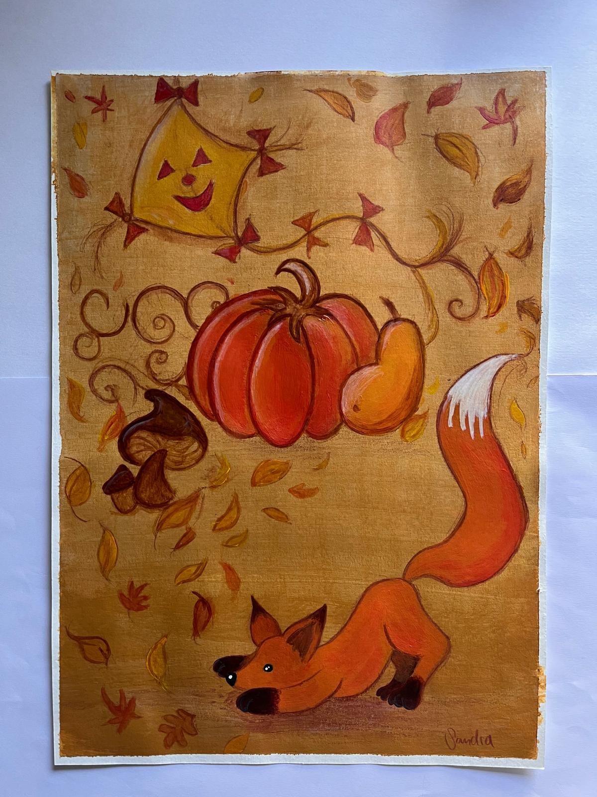 Fuchs im Herbst mit Kürbis und Drachen