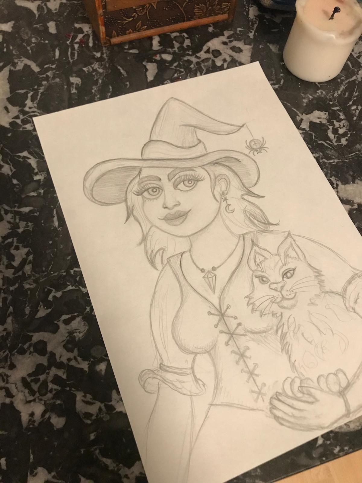 Hexe mit Katze, Bleistiftzeichnung
