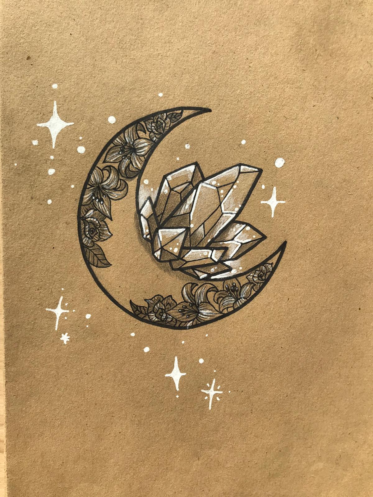 Mond mit Kristallen, Fineliner-Zeichnung