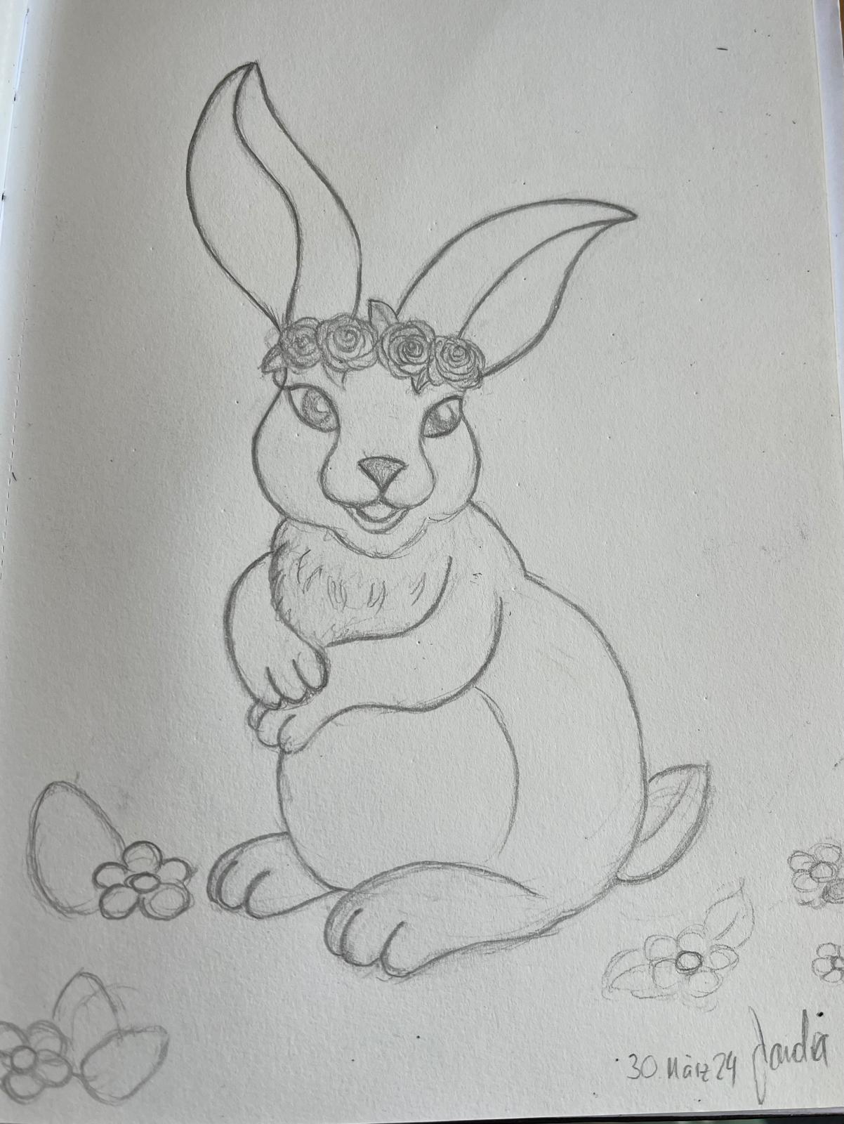 Hase mit Blumenkranz und Ostereiern, Bleistiftskizze