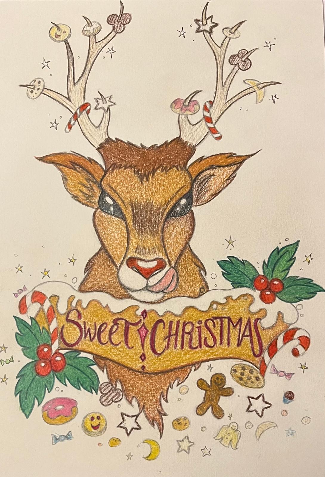 Reh mit Süßigkeiten am Geweih und dem Schriftzug Sweet Christmas