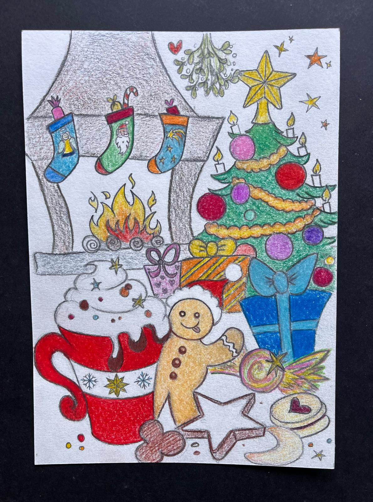 Weihnachtliche Kaminszene mit Strümpfen, Baum, Lebkuchenmann und Geschenken